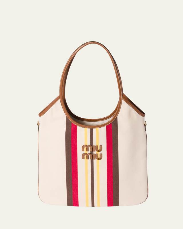 Ivy Striped Leather-Trim Canvas Tote Bag